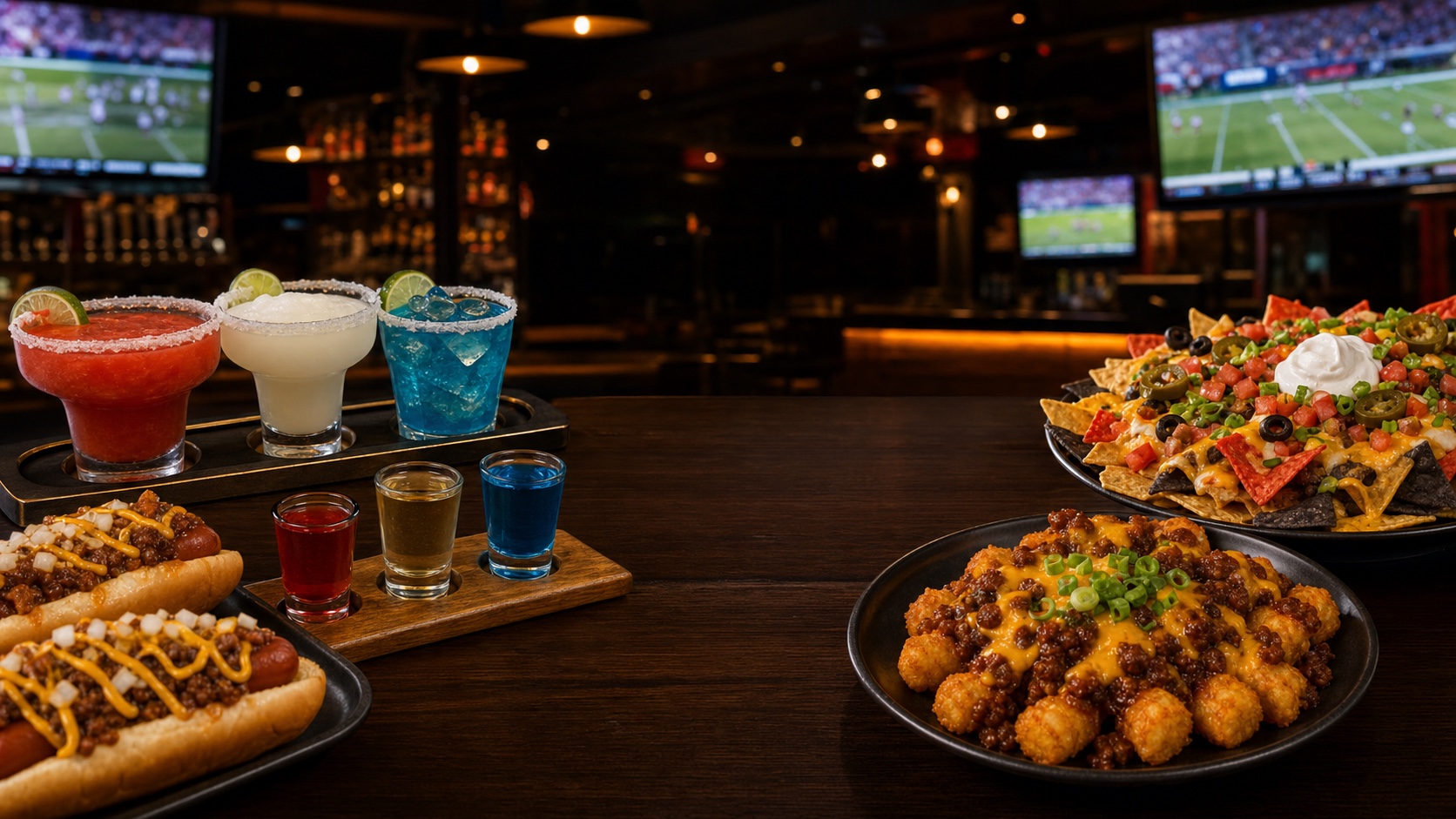 July 4th food and drink specials on a sports bar table