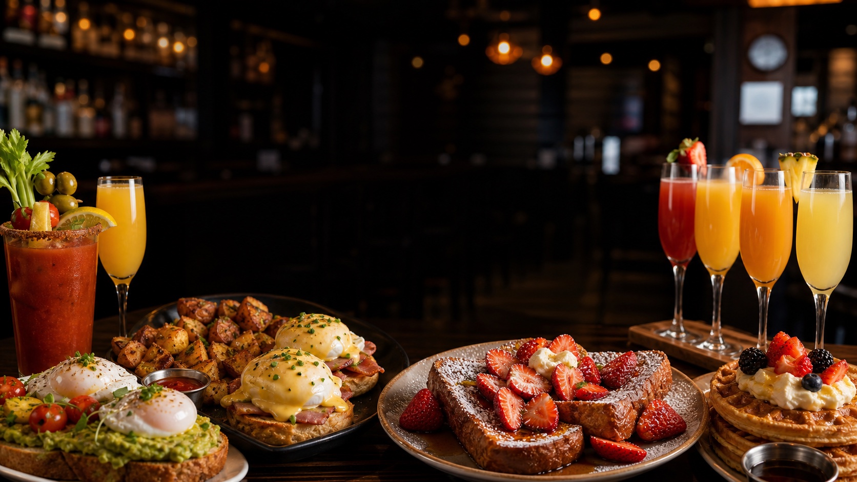 Weekend brunch spread with mimosas and Bloody Mary at a sports bar