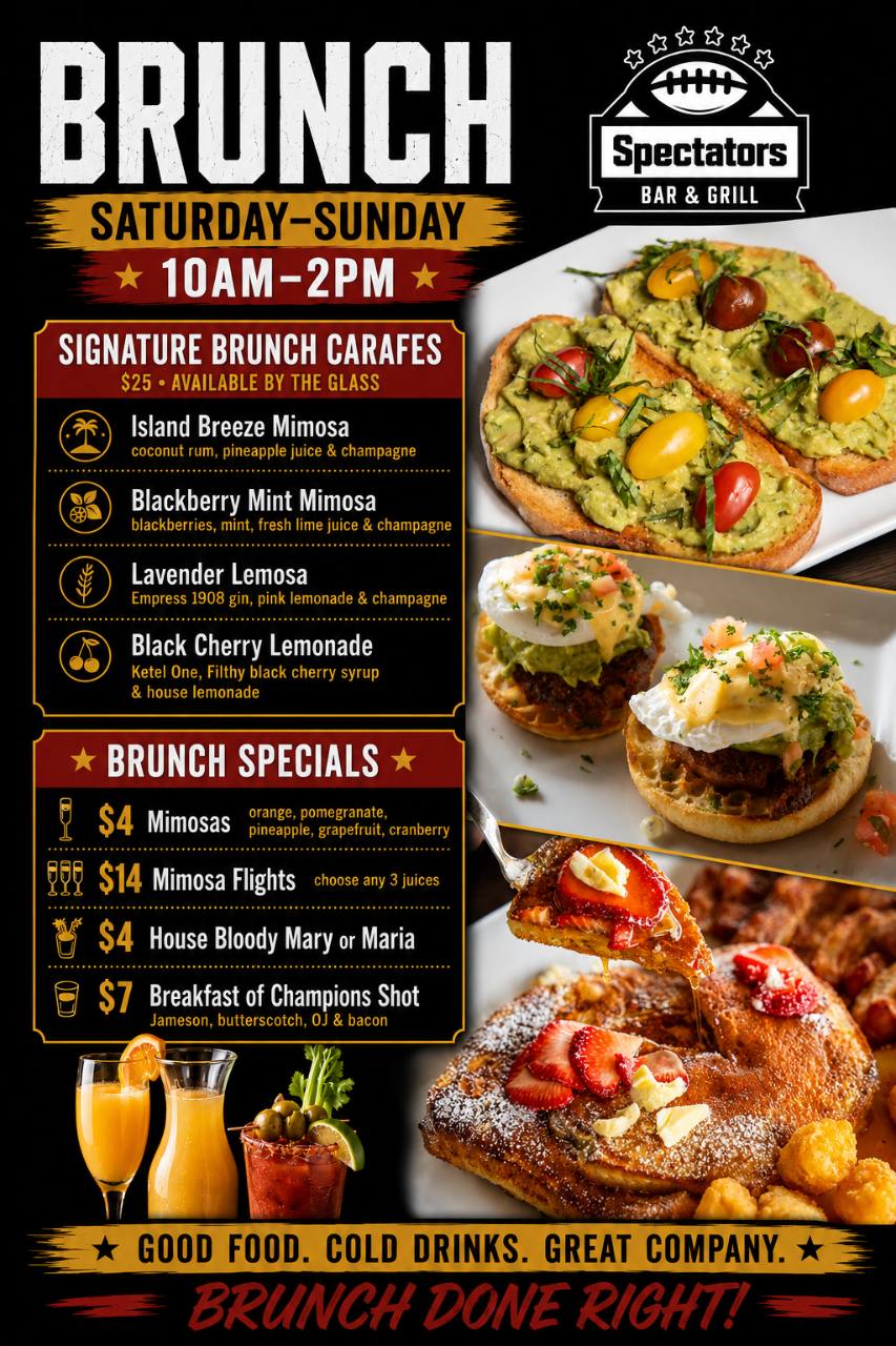 Weekend brunch specials and brunch carafes at Spectators